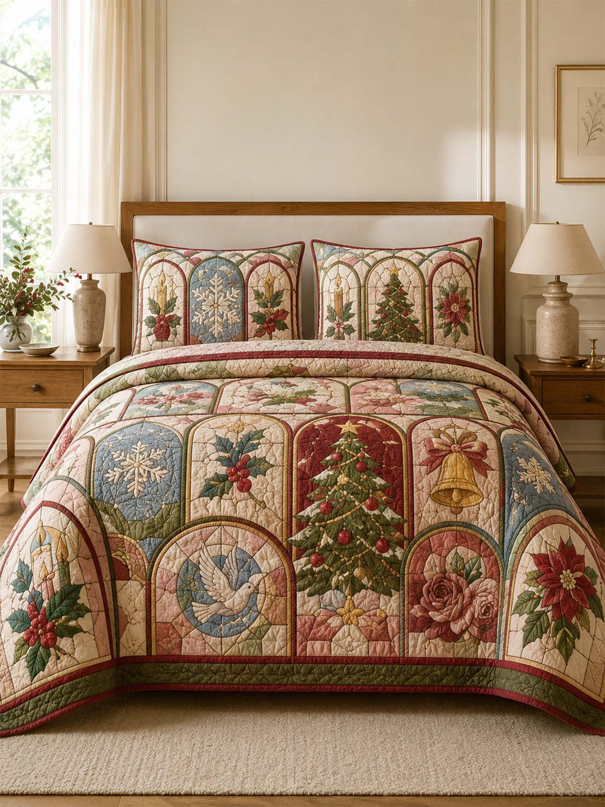 Christmas Chapel Window Quilted 3-Piece Bedding Set