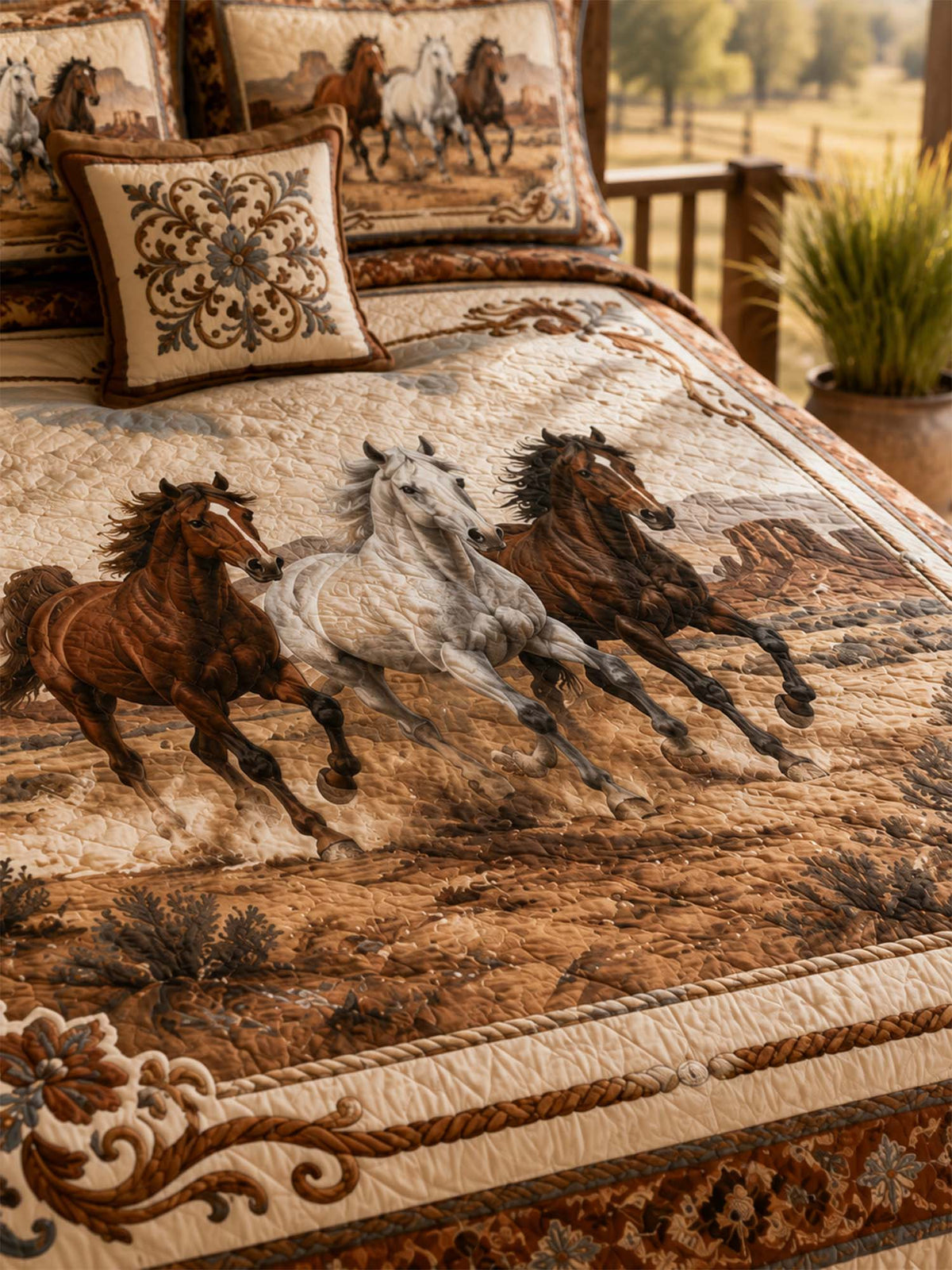 H.PAI Equestrian Horse Patchwork Quilted 3-Piece Bedding Set