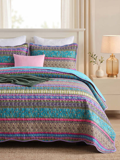 Turquoise Boho Stripe Quilted 3-Piece Bedding Set