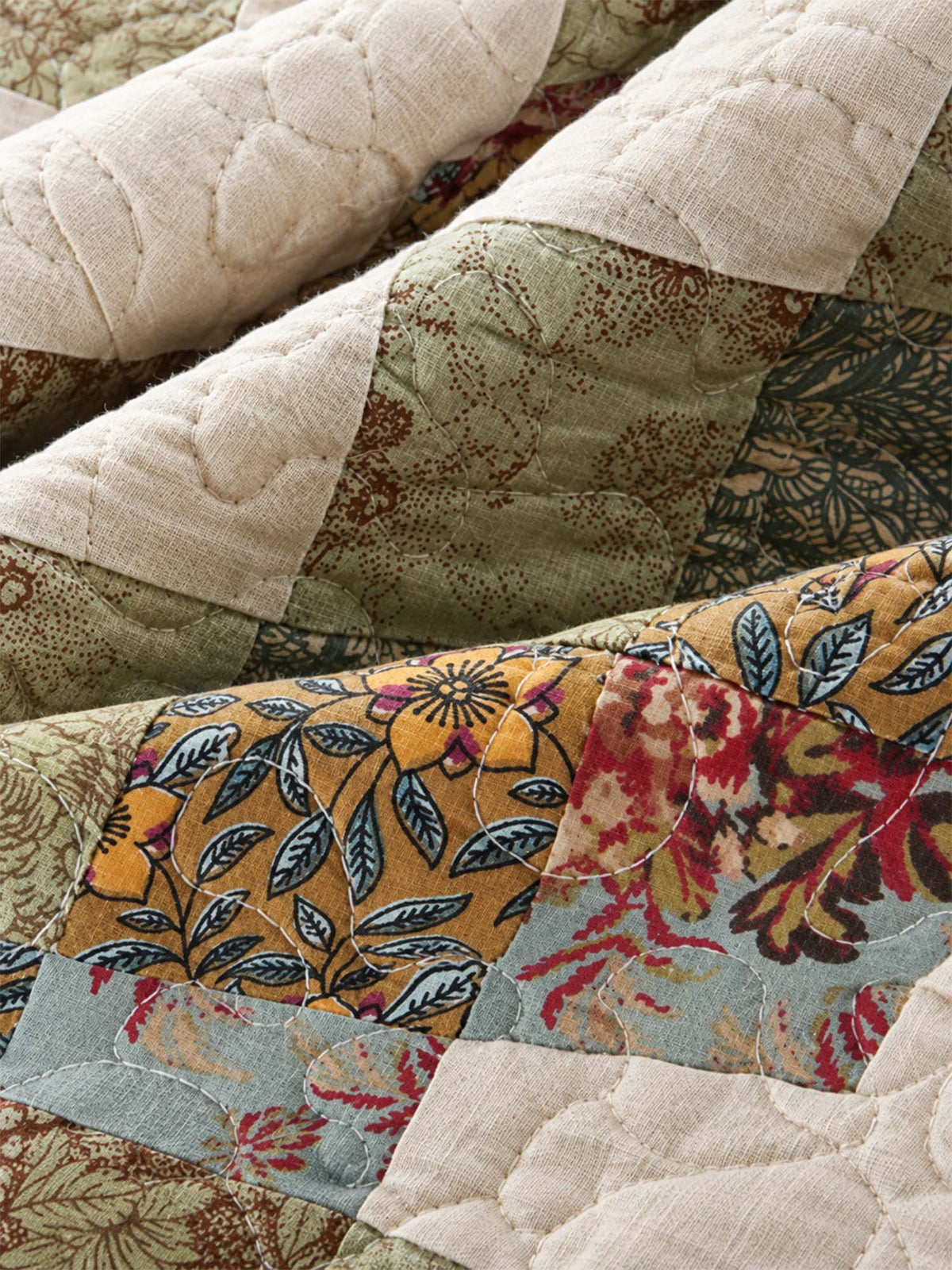 Sage Floral Patchwork Embroidered 100% Cotton Quilted 3-Piece Bedding Set