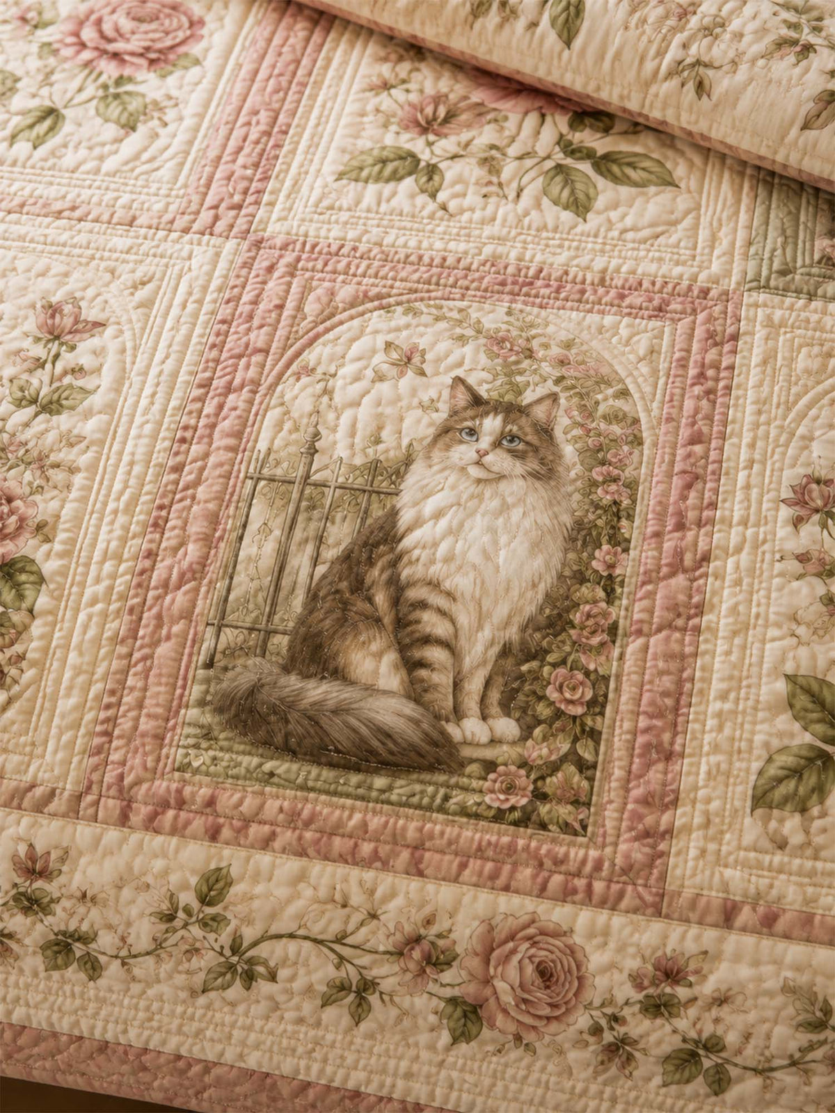 H.PAI Vintage Rose Cat Garden Quilted 3-Piece Bedding Set