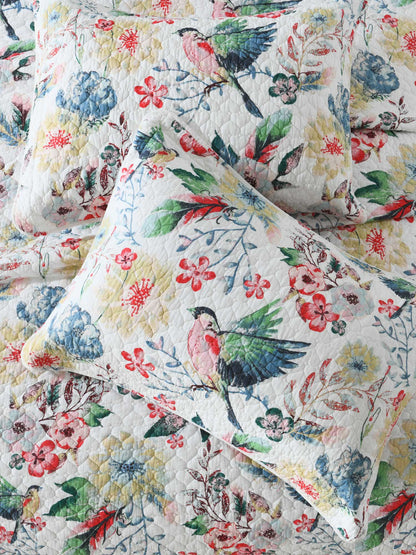 Vintage Bird Floral Garden Print Quilted 3‑Piece Bedding Set
