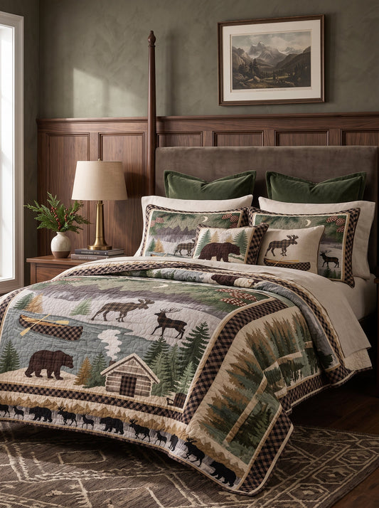Woodland Bear and Moose Patchwork Quilted 3-Piece Bedding Set