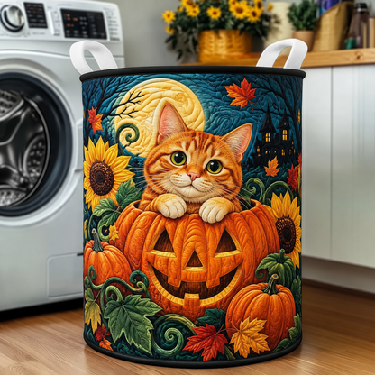 Gestoffeerde wasmand – Rode kat met pompoenen en zonnebloemen