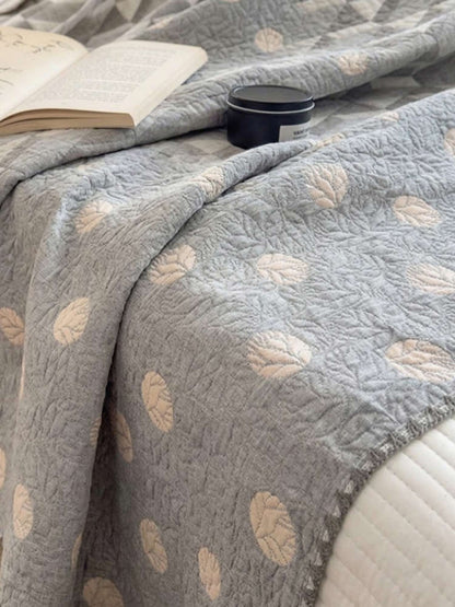 Vintage Gray Leaf Dot Jacquard Quilted Throw Three‑Layer Gauze Cotton Blanket
