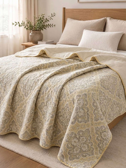 Vintage Yellow Floral Jacquard Quilted Throw Three‑Layer Gauze Cotton Blanket