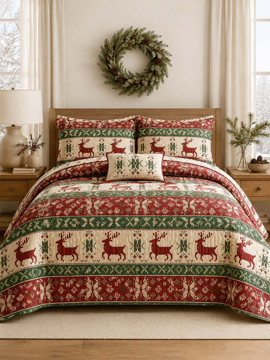 Reindeer Nordic Christmas Quilted 3-Piece Bedding Set