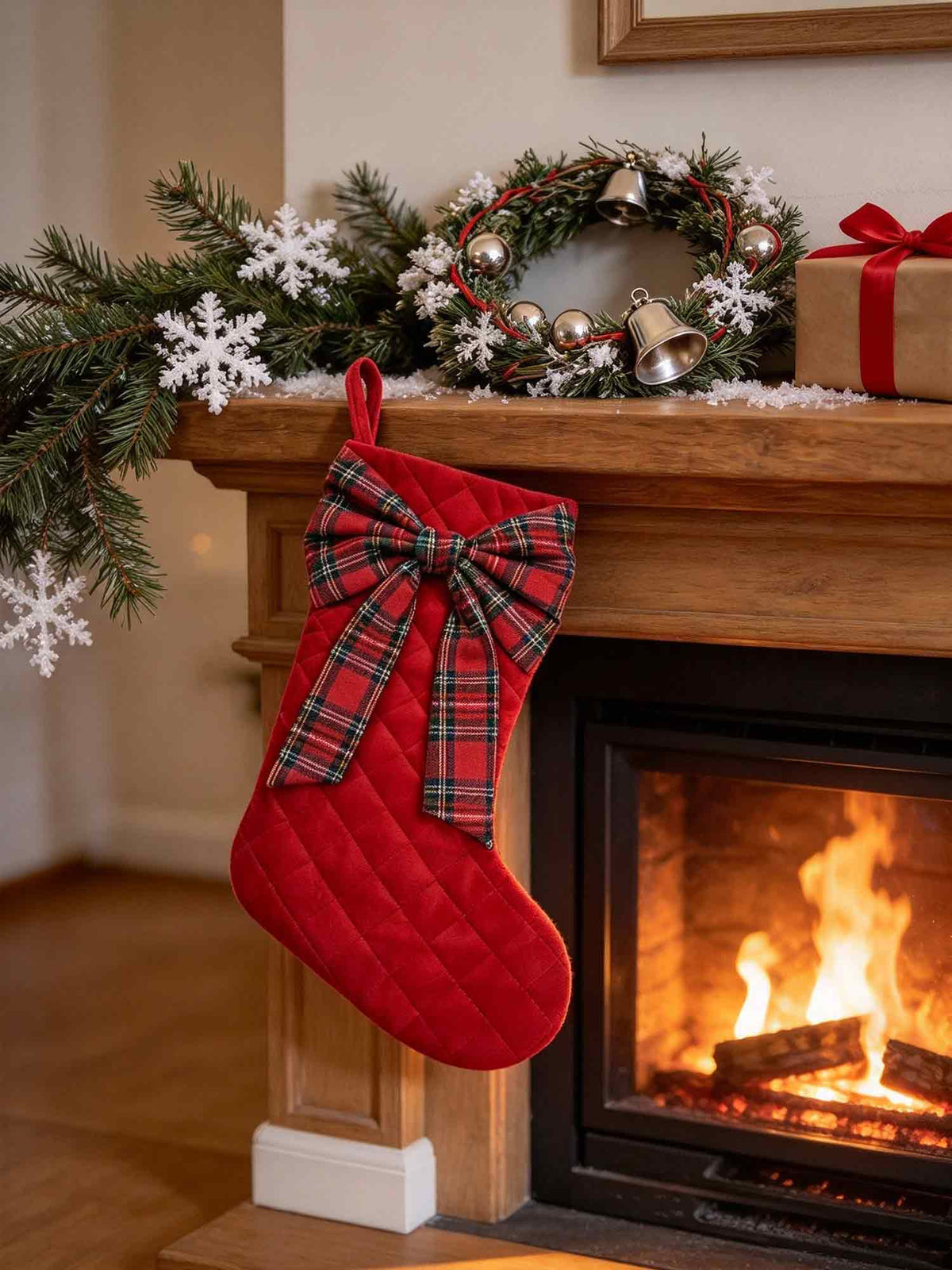 Red Quilted Velvet Christmas Stocking with Plaid Bow