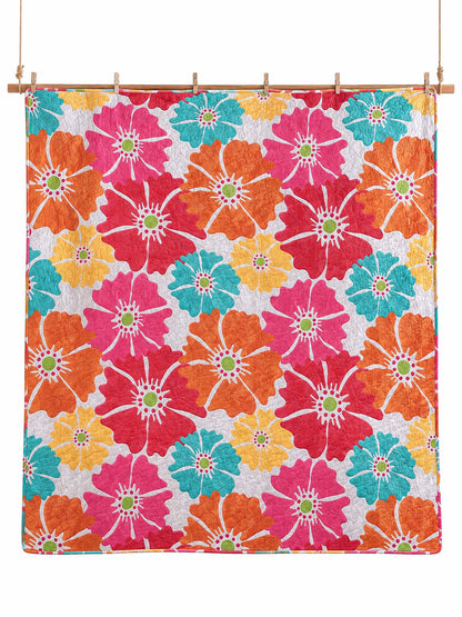 Vibrant Poppy Floral Reversible 100% Cotton Quilted 3-Piece Bedding Set