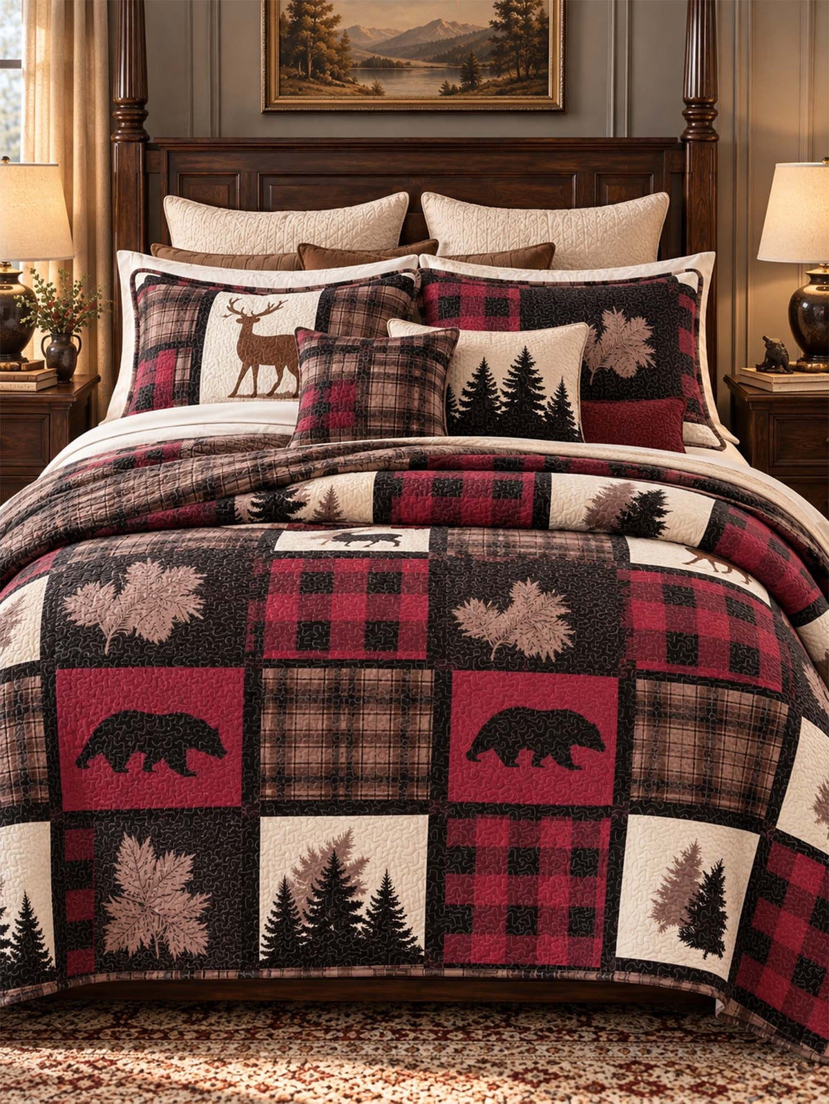 Burgundy Bear & Deer Plaid Woodland Quilted 3-Piece Bedding Set