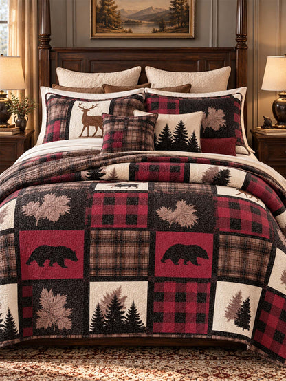 Burgundy Bear & Deer Plaid Woodland Quilted 3-Piece Bedding Set