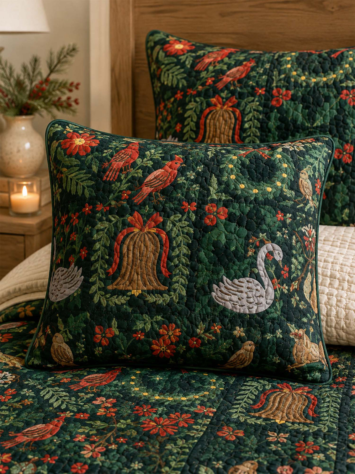 Woodland Swan Christmas Quilted 3-Piece Bedding Set