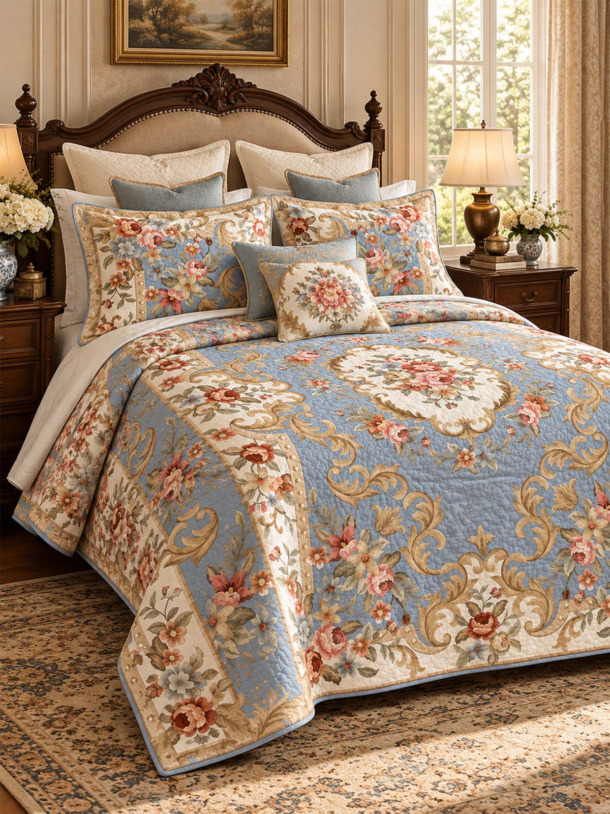 Vintage Blue Floral Baroque Quilted 3-Piece Bedding Set