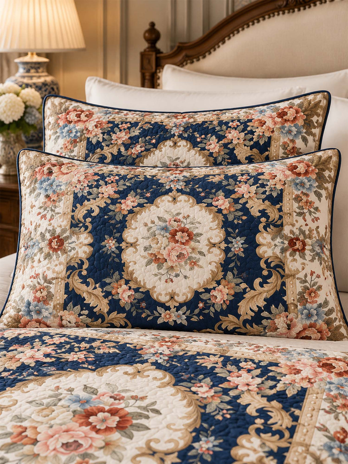 Vintage Navy Blue Floral Baroque Quilted 3-Piece Bedding Set