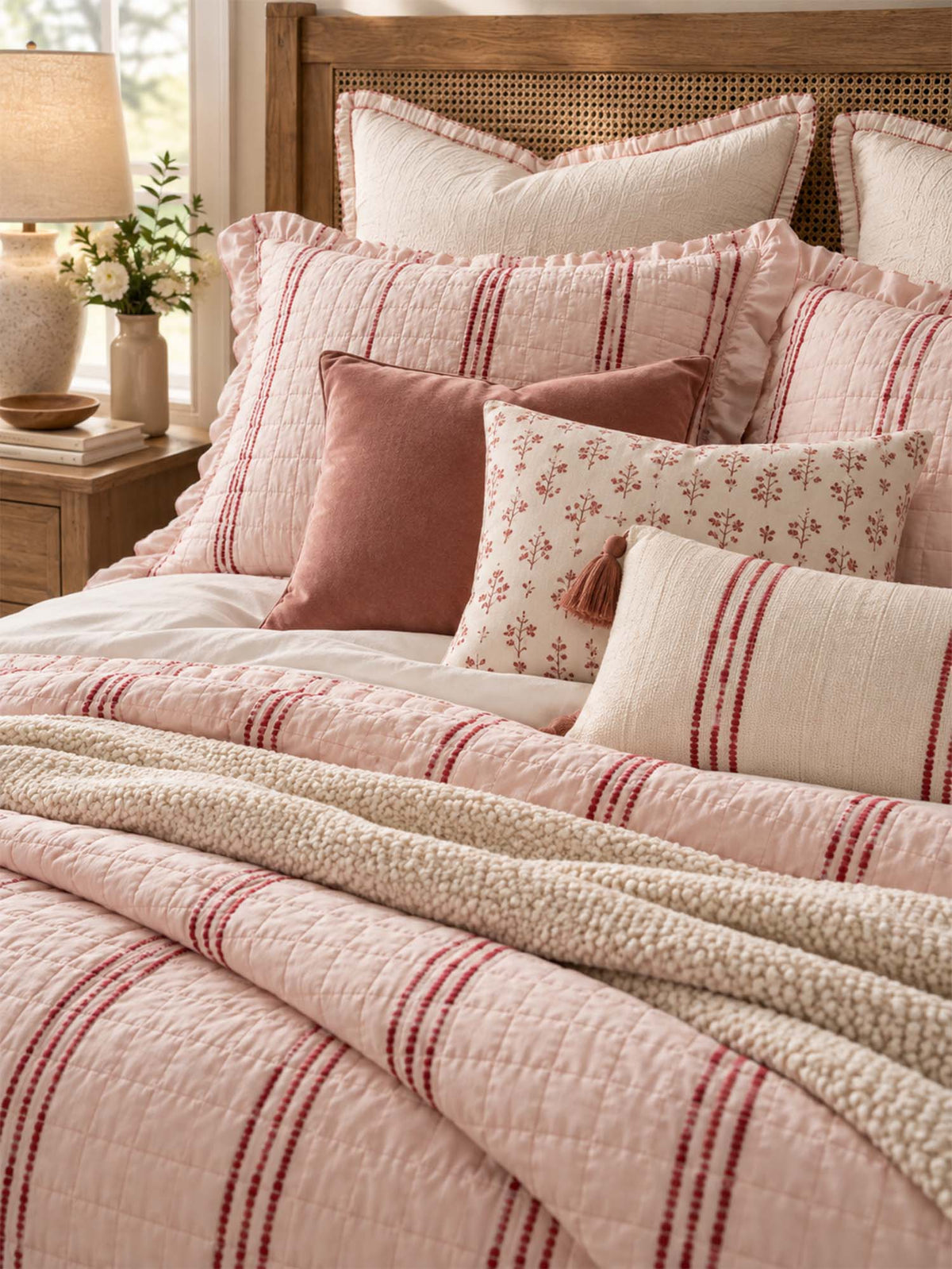 Stripe Ruffle Jacquard 100% Cotton Reversible Quilted 3-Piece Bedding Set
