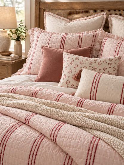 Stripe Ruffle Jacquard 100% Cotton Reversible Quilted 3-Piece Bedding Set
