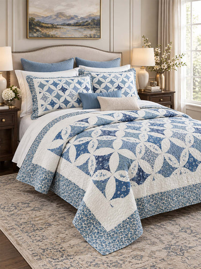 Blue Floral Ring Cottage Reversible 100% Cotton Quilted 3-Piece Bedding Set