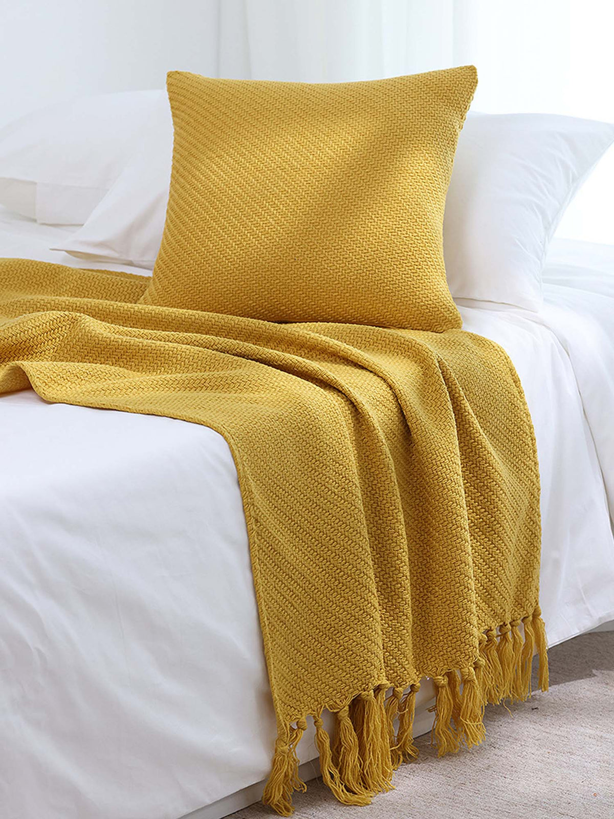 Textured Fringe Knitted Throw Blanket & Pillow Cover Set