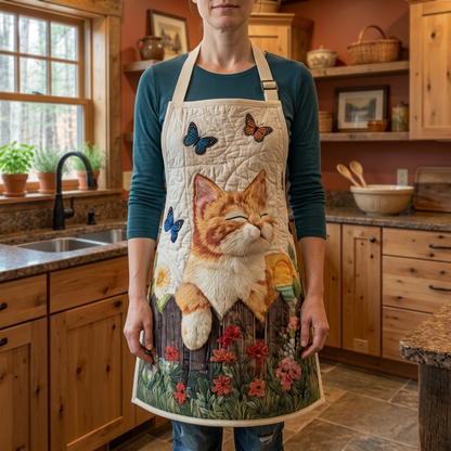 Gewatteerd keukenschort Zonnige Poezentuin