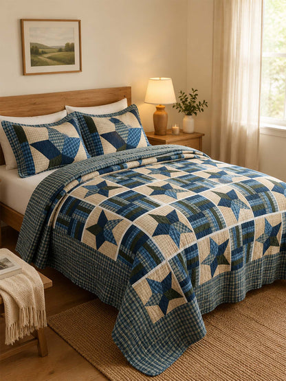 Navy Denim Blue Star Print Quilted 3‑Piece Bedding Set