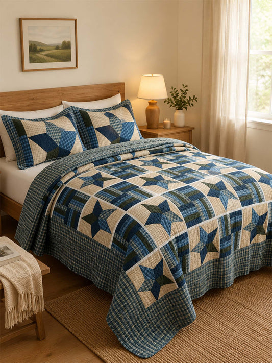 Navy Denim Blue Star Print Quilted 3‑Piece Bedding Set