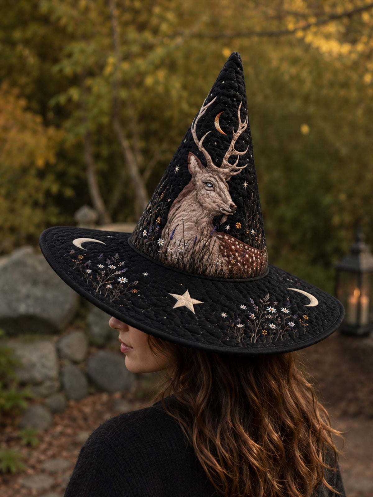 H.PAI Mystical Deer Gothic Handcrafted Quilted Witch Hat