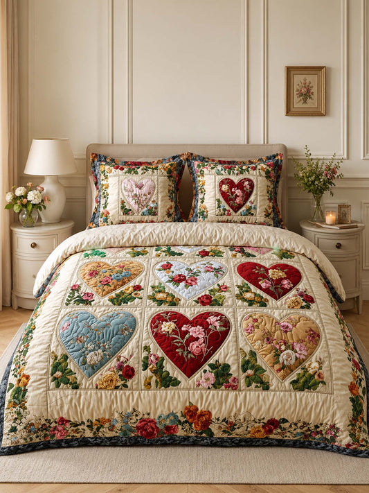 H.PAI Vintage Heart Floral Quilted 3-Piece Bedding Set