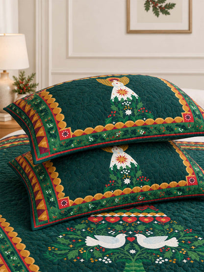 Folk Art Angel Christmas Tree Quilted 3-Piece Bedding Set