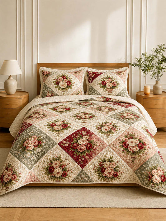 H.PAI Vintage Rose Garden Quilted 3-Piece Bedding Set