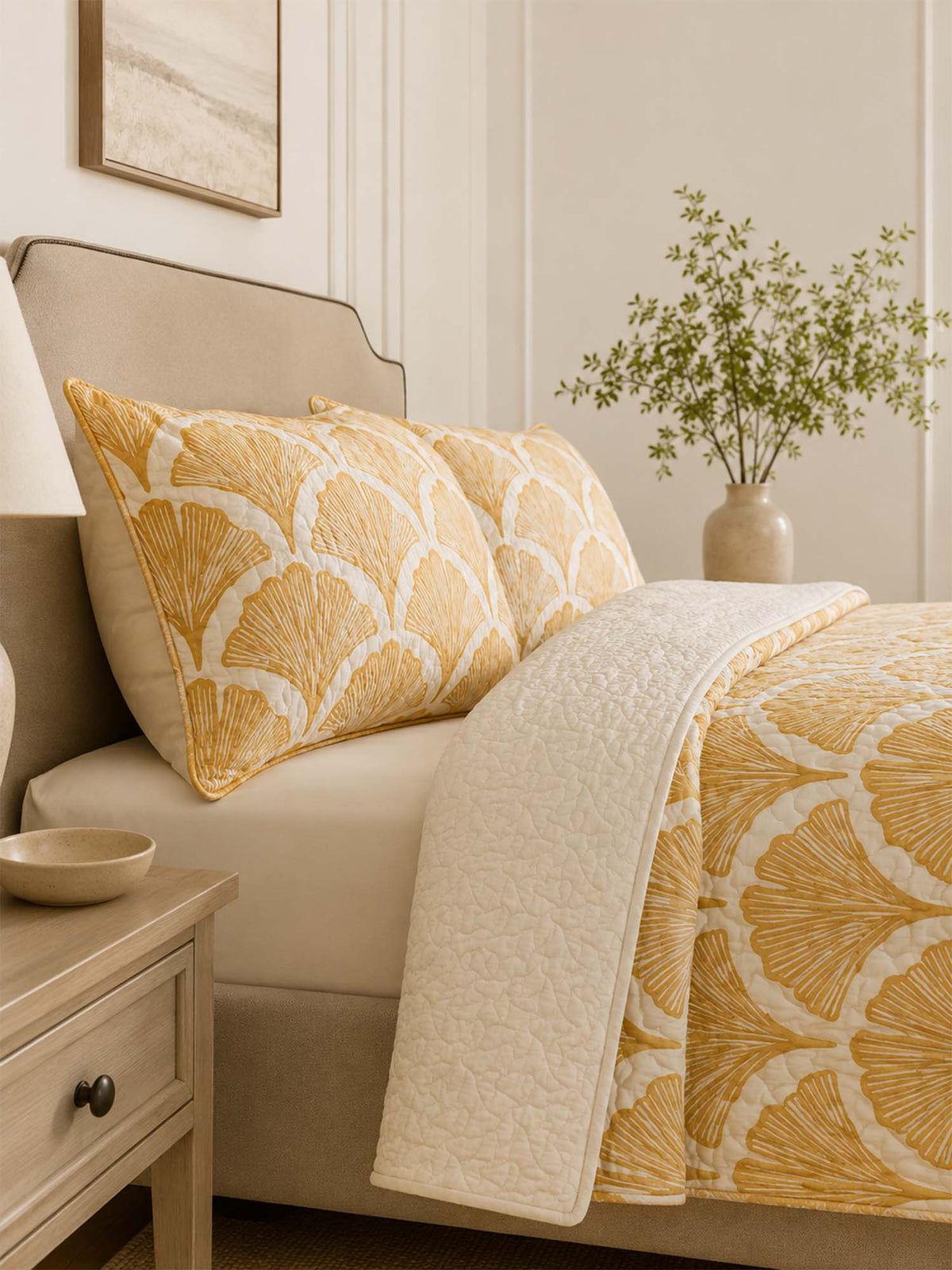 H.PAI Golden Ginkgo Leaf Quilted 3-Piece Bedding Set