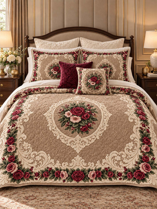Vintage Rose Floral Quilted 3-Piece Bedding Set
