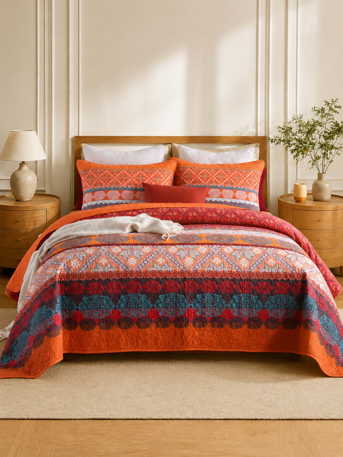 Sunset Folk Floral Quilted 3-Piece Bedding Set