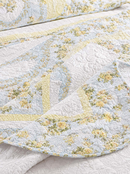 Golden Meadow Embroidered Floral Quilted 3-Piece Bedding Set