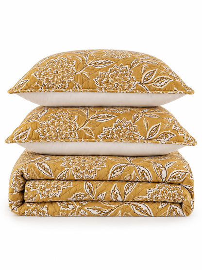 Mustard Botanical Floral Quilted 3-Piece Bedding Set