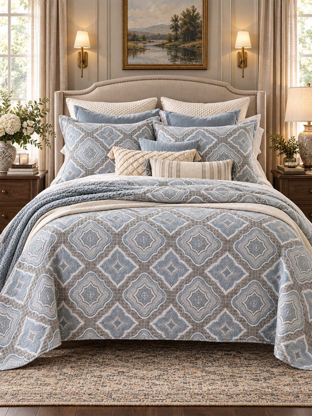 Dusty Blue Mosaic Medallion 100% Cotton Quilted Bedding Set