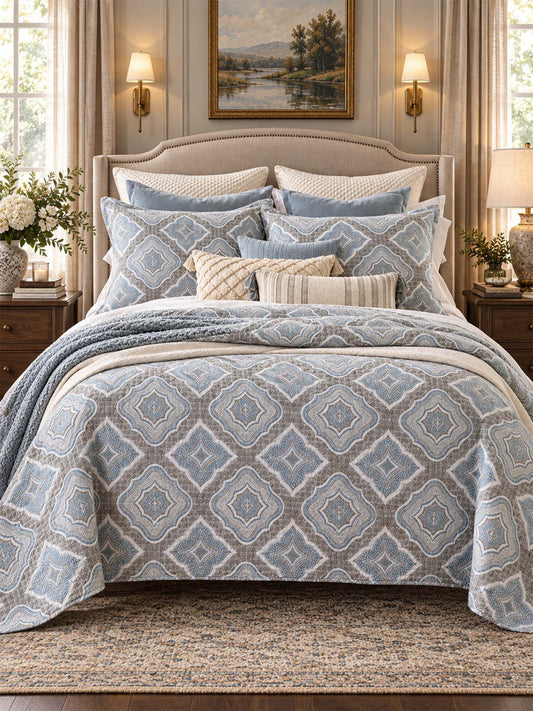 Dusty Blue Mosaic Medallion 100% Cotton Quilted Bedding Set