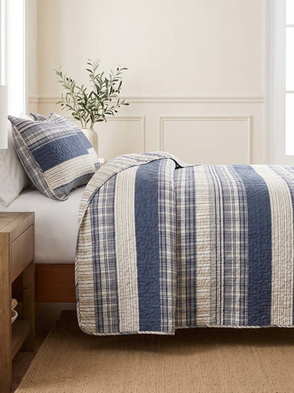 Blue Grey Buffalo Check Patchwork Quilted 3‑Piece Bedding Set