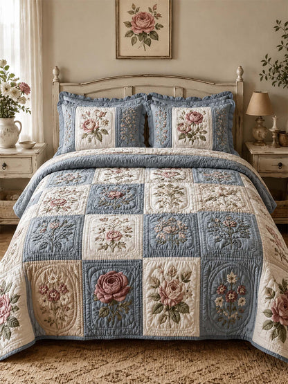 Vintage Rose Floral Quilted 3-Piece Bedding Set