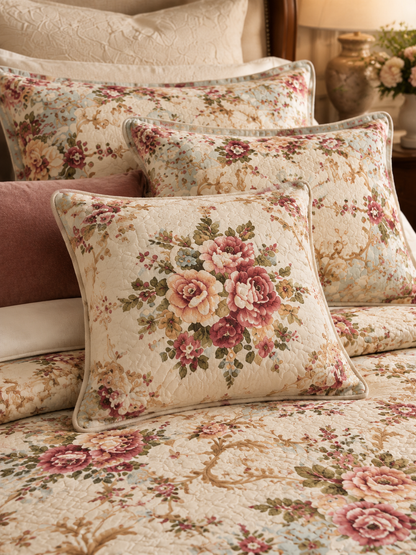 Vintage Botanical Rose Floral Quilted 3-Piece Bedding Set