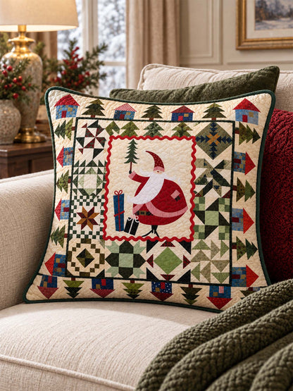 Woodland Santa Christmas Village Quilted Pillow Cover