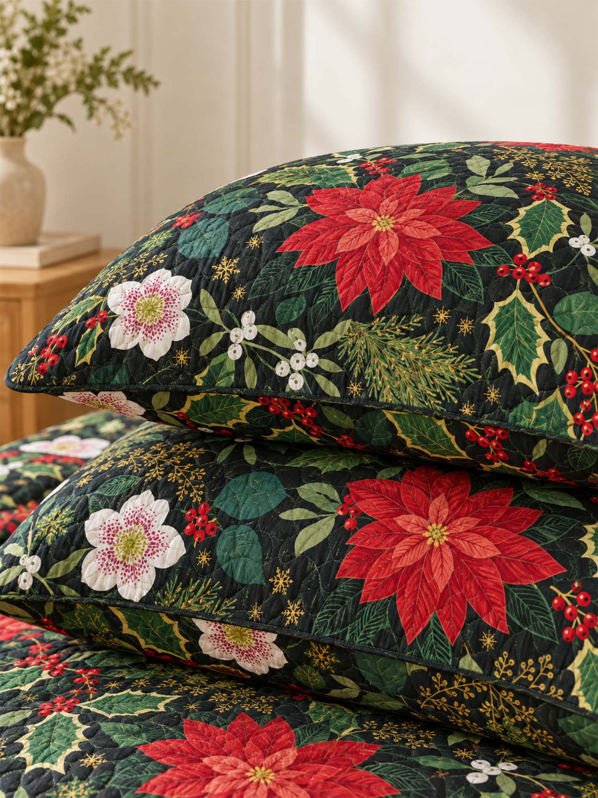 Poinsettia Holly Christmas Quilted 3-Piece Bedding Set
