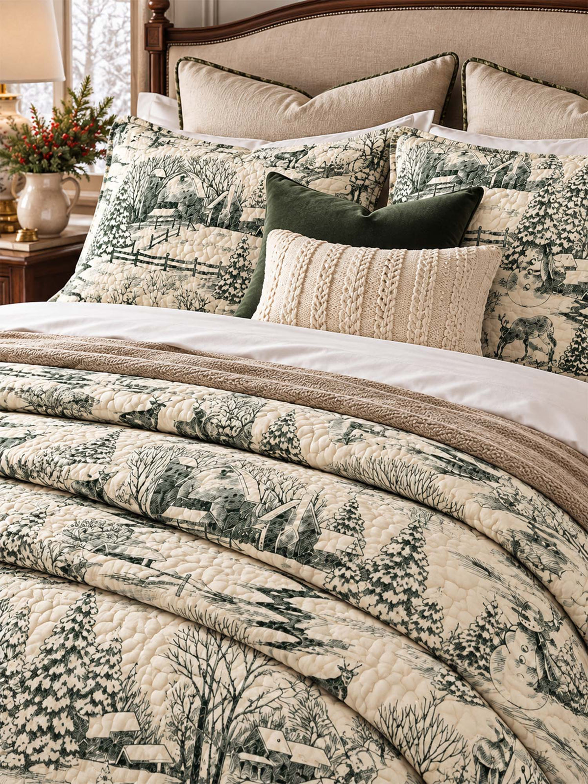 Winter Woodland Toile Quilted 3-Piece Bedding Set