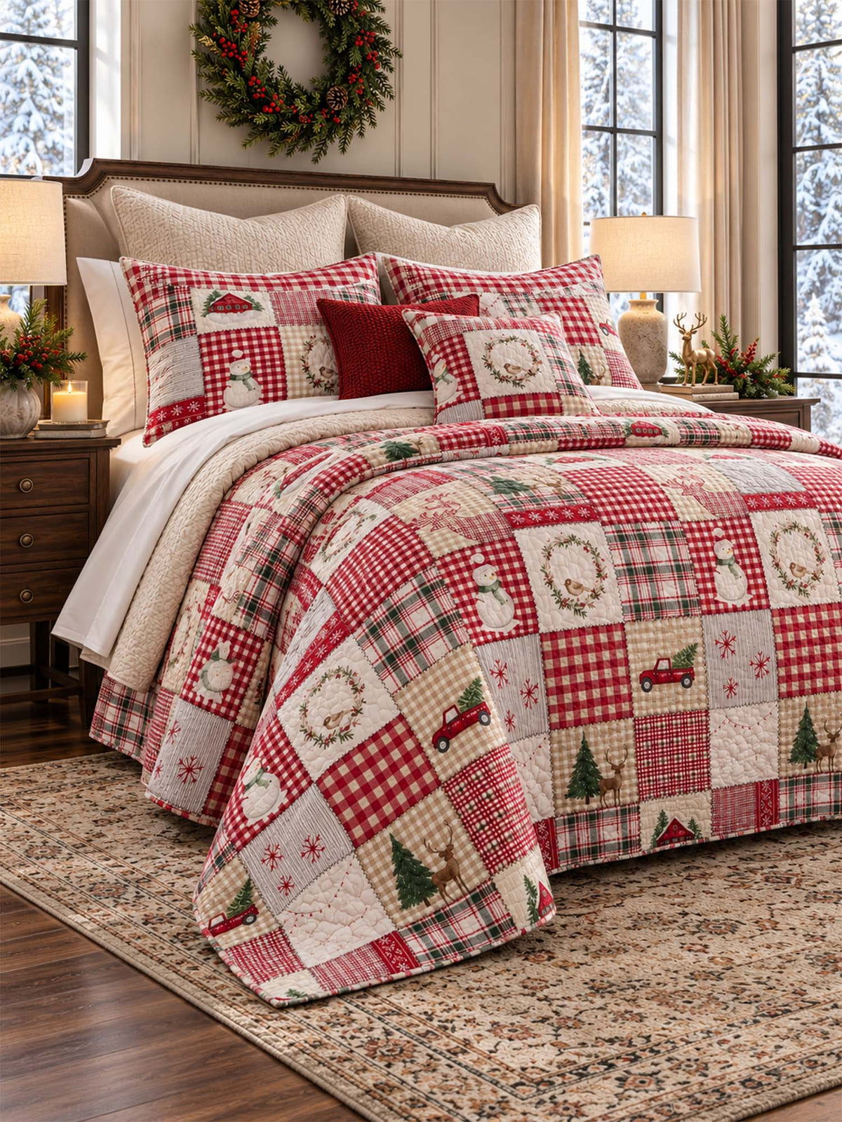 Christmas Farmhouse Patchwork Quilted 3-Piece Bedding Set
