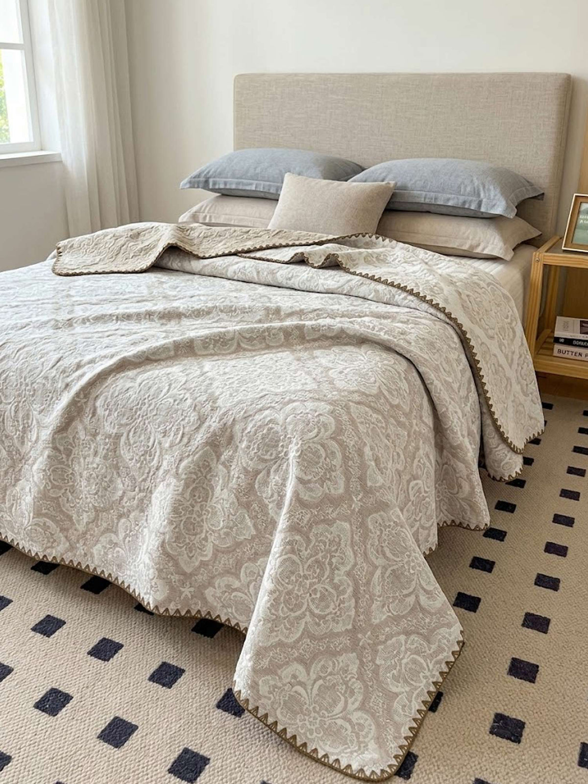 Vintage Beige Floral Jacquard Quilted Throw Three‑Layer Gauze Cotton Blanket