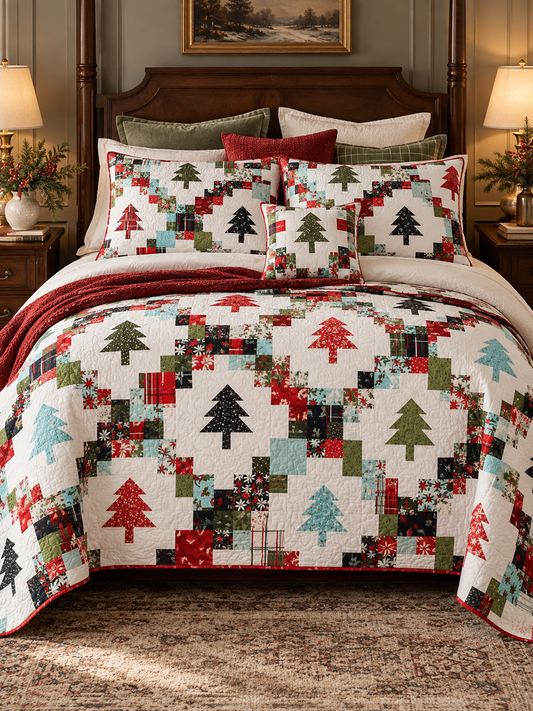Christmas Tree Patchwork Quilted 3-Piece Bedding Set