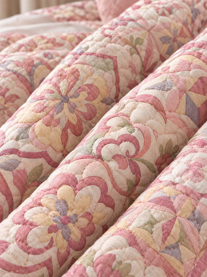Pink Mediterranean Floral Tile Quilted 3-Piece Bedding Set