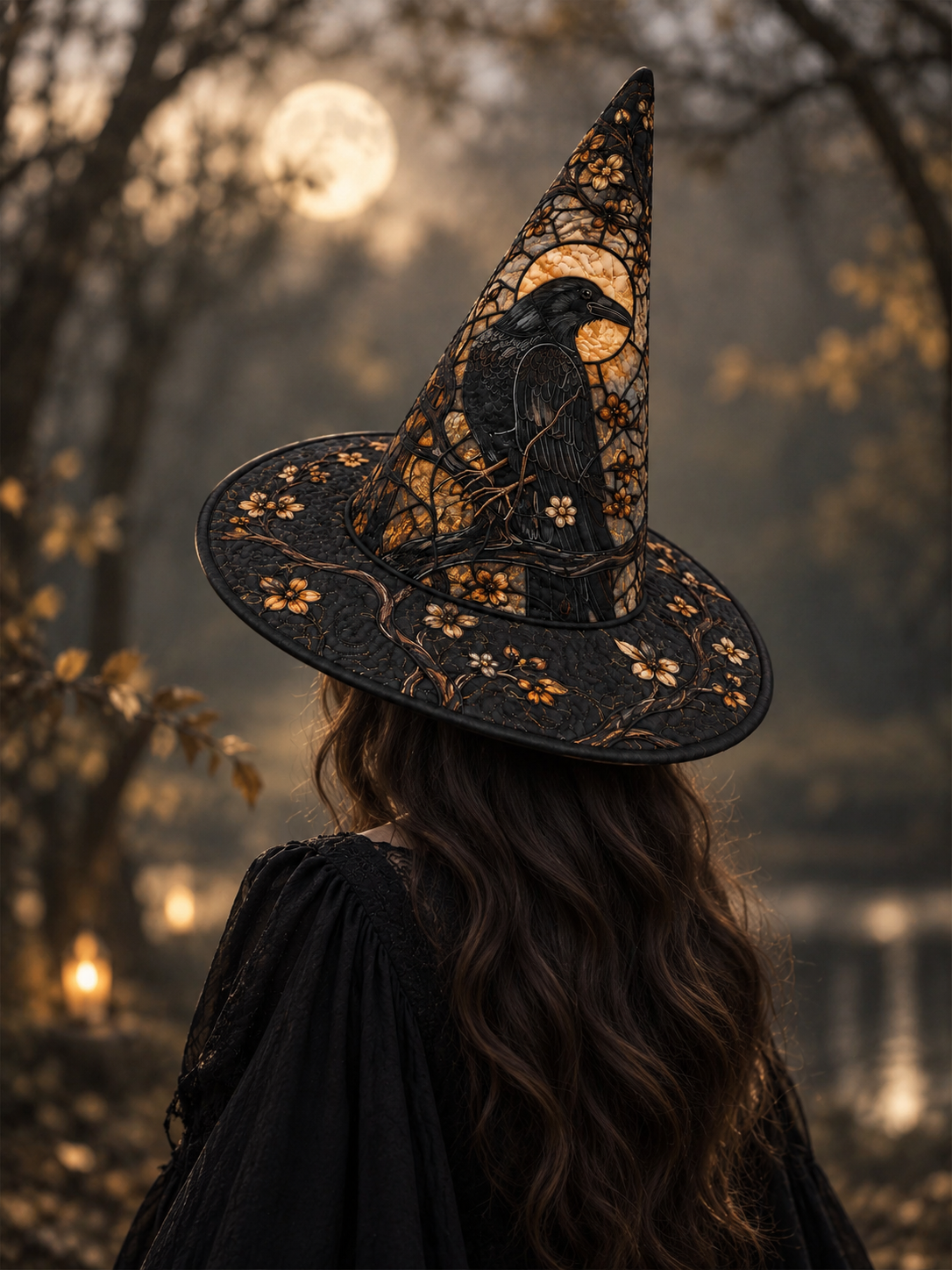 Golden Raven Moonlit Garden Gothic Handcrafted Quilted Witch Hat