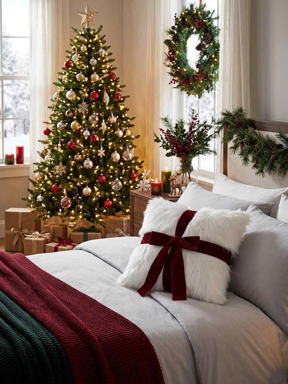 White Faux Fur Red Velvet Bow Pillow Cover