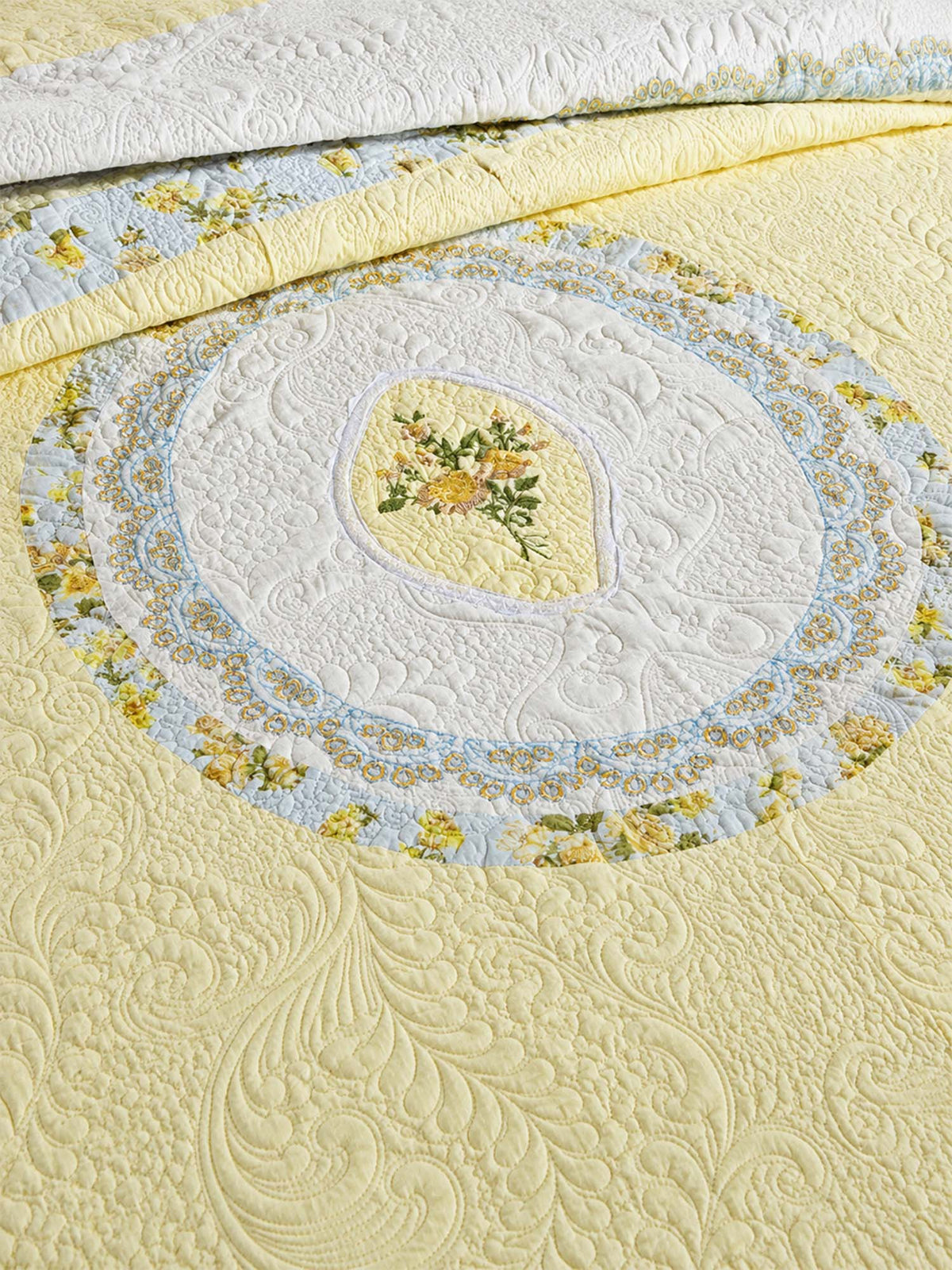 Golden Meadow Embroidered Floral Quilted 3-Piece Bedding Set