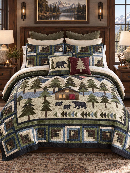 Bear Cabin Woodland Patchwork Quilted 3-Piece Bedding Set